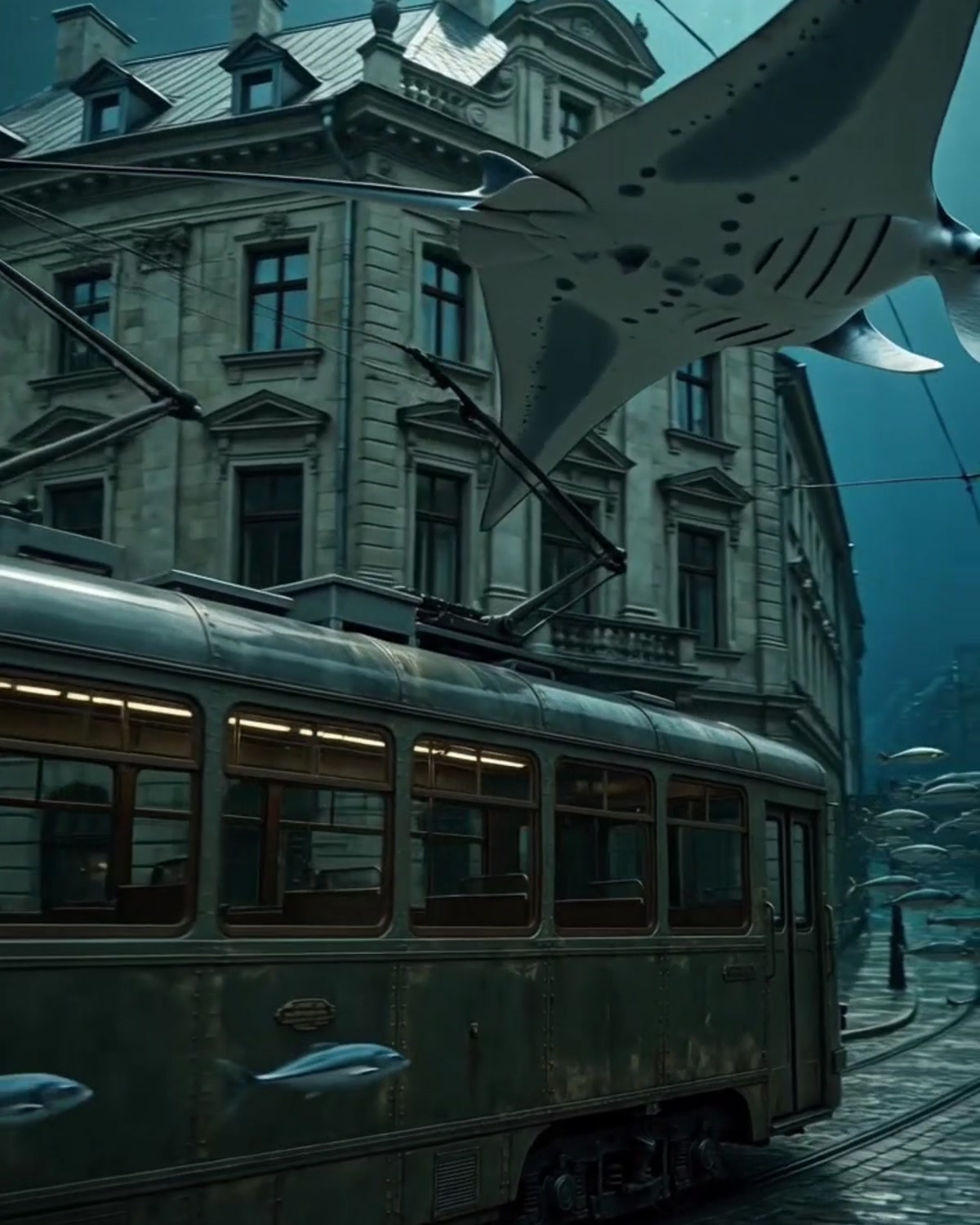 Tramvajs zemūdens pilsētā ar mantu raju