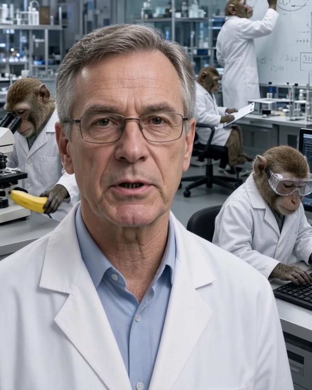 Zinātnieks laboratorijā ar pērtiķiem baltos halātos