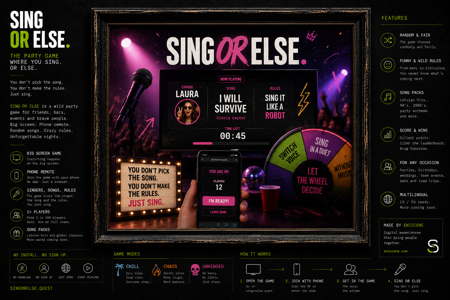 SING OR ELSE portfolio vizuālis — ballīšu karaoke spēle